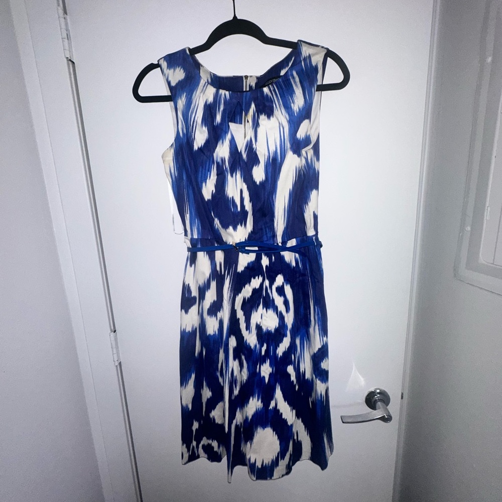 Ellen Tracy Blue and White Sleeveless Printed Midi Dress